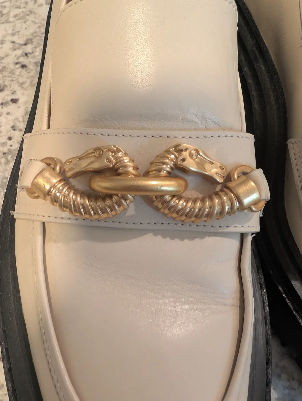 Tory Burch Jessa‎ Lug Sole Cream Leather Loafers with Gold Chain Accent 8.5